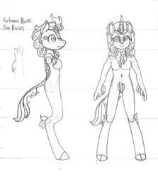Size: 2404x2691 | Tagged: anthro, artist:supra80, autumn blaze, breasts, cloven hooves, derpibooru import, female, kirin, lineart, monochrome, nudity, pubic fluff, pubic hair, sombra eyes, sounds of silence, suggestive, t pose, traditional art, unguligrade anthro
