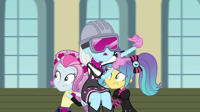 Size: 1280x720 | Tagged: safe, derpibooru import, screencap, photo finish, pixel pizazz, violet blurr, constructive criticism, equestria girls, equestria girls series, constructive criticism: photo finish, director's vision, female, hard hat, safety goggles, the snapshots, trio, trio female