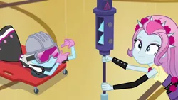 Size: 1280x720 | Tagged: safe, derpibooru import, screencap, photo finish, violet blurr, constructive criticism, equestria girls, equestria girls series, constructive criticism: photo finish, duo, duo female, female, hard hat, projector, safety goggles