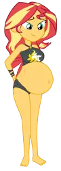 Size: 1253x3470 | Tagged: suggestive, artist:myfavoritepreggopics, artist:pacificside18, derpibooru import, edit, editor:marno, sunset shimmer, equestria girls, equestria girls series, barefoot, belly, belly button, big belly, bikini, bikini bottom, breasts, clothes, feet, female, looking down, pregnant, show accurate, simple background, solo, solo female, sunset preggers, swimsuit, transparent background, wristband