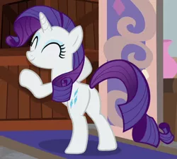 Size: 626x564 | Tagged: safe, derpibooru import, screencap, rarity, pony, unicorn, friendship university, bipedal, bipedal leaning, cropped, eyes closed, female, leaning, mare, plot, smiling, solo