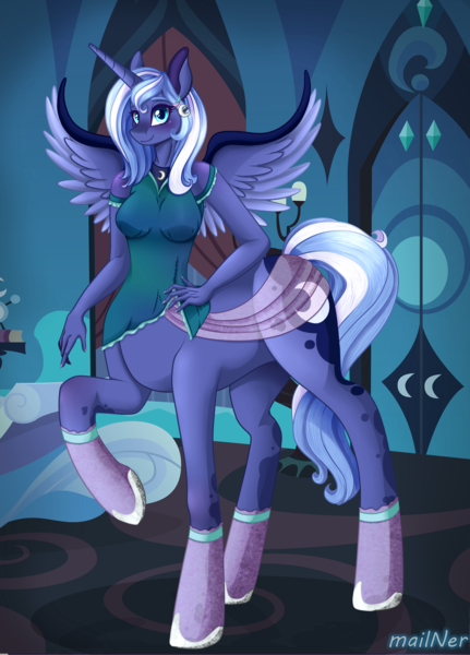 Size: 1987x2768 | Tagged: alicorn, anthro, anthro centaur, artist:mailner, blushing, centaur, clothes, derpibooru import, female, hooves, jewelry, looking at you, mare, ponytaur, princess luna, room, s1 luna, safe, solo, spread wings, taur, wings