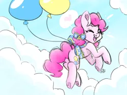 Size: 1280x960 | Tagged: safe, artist:taligintou, derpibooru import, pinkie pie, earth pony, pony, balloon, bow, cute, diapinkes, female, floating, hair bow, mare, smiling, solo, then watch her balloons lift her up to the sky