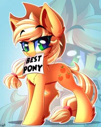 Size: 2304x2900 | Tagged: safe, artist:kaleido-art, derpibooru import, applejack, earth pony, pony, best pony, biased, cowboy hat, cute, female, freckles, hat, jackabetes, sign, solo, stetson, zoom layer