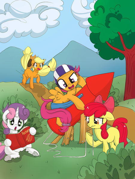 Size: 1125x1496 | Tagged: safe, artist:xsidera, derpibooru import, apple bloom, applejack, scootaloo, sweetie belle, pony, cutie mark crusaders, female, filly, mare, rocket, this will end in tears and/or death and/or covered in tree sap