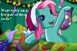 Size: 729x486 | Tagged: a very minty christmas, bronybait, christmas, christmas lights, clothes, cropped, derpibooru import, edit, edited screencap, g3, hat, holiday, hoof hold, mintabetes, minty, safe, santa hat, screencap, socks, striped socks, text, that pony sure does love socks