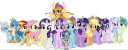 Size: 1946x759 | Tagged: safe, artist:superbobiann, derpibooru import, editor:superbobiann, applejack, fluttershy, gallus, ocellus, rainbow dash, rarity, sandbar, sci-twi, silverstream, smolder, spike, starlight glimmer, sunset shimmer, twilight sparkle, twilight sparkle (alicorn), alicorn, classical hippogriff, gryphon, hippogriff, simple background, transparent background, twolight, unicorn sci-twi