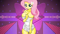 Size: 2560x1440 | Tagged: suggestive, artist:laszlvfx, artist:philelmago, derpibooru import, edit, fluttershy, equestria girls, big breasts, breasts, busty fluttershy, female, huge breasts, naked towel, smiling, solo, solo female, towel, wallpaper, wallpaper edit