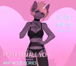 Size: 2705x2350 | Tagged: suggestive, artist:arsenya, derpibooru import, oc, unofficial characters only, anthro, unicorn, advertisement, anthro oc, auction, bra, breasts, choker, clothes, commission, digital art, ear piercing, female, heart, heart background, high res, lingerie, lipstick, looking at you, mare, piercing, seductive, seductive look, socks, solo, solo female, thigh highs, underwear, ych example, your character here