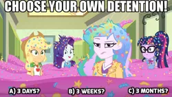Size: 1024x576 | Tagged: safe, derpibooru import, edit, edited screencap, screencap, applejack, princess celestia, rarity, sci-twi, twilight sparkle, best trends forever, equestria girls, equestria girls series, best trends forever: pinkie pie, canterlot high, celestia is not amused, confetti, embarrassed grin, exploitable meme, geode of shielding, geode of super strength, geode of telekinesis, glasses, image macro, imminent detention, lockers, meme, messy hair, not this shit again, ponytail, principal celestia, raised eyebrow, this will end in detention, unamused