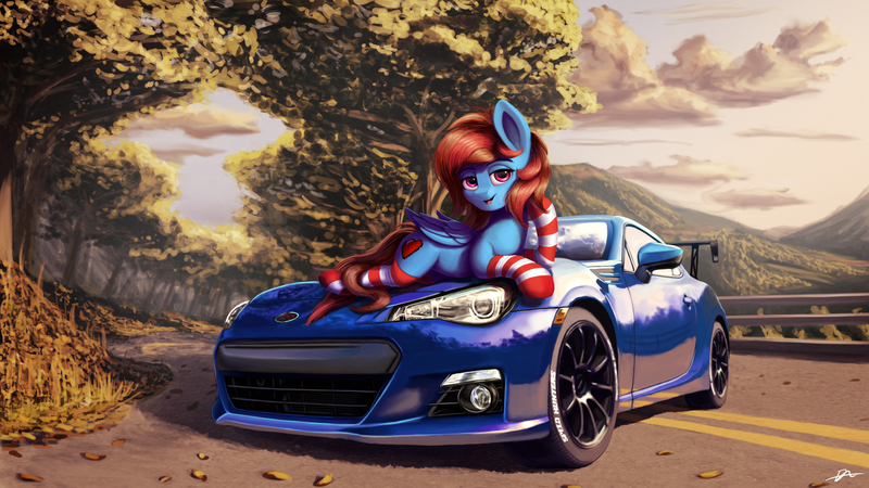 Size: 4551x2560 | Tagged: safe, artist:syntaxartz, derpibooru import, oc, oc:lucid heart, unofficial characters only, pegasus, pony, car, clothes, draw me like one of your french girls, scenery, socks, solo, striped socks, subaru, subaru brz, supercar