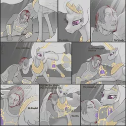 Size: 1500x1500 | Tagged: semi-grimdark, artist:arareroll, derpibooru import, princess celestia, alicorn, human, pony, comic:returning to her majesty, armor, blood, bracer, comic, crown, dialogue, female, helmet, horseshoes, human male, injured, jewelry, knight, magic, male, mare, momlestia, peytral, potion, prone, regalia, telekinesis