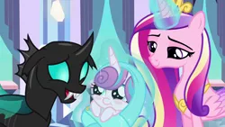 Size: 1280x720 | Tagged: safe, derpibooru import, screencap, princess cadance, princess flurry heart, thorax, alicorn, changeling, pony, the times they are a changeling, :t, baby, baby alicorn, baby blanket, baby flurry heart, baby pony, blanket, blush sticker, blushing, cute, female, floppy ears, foal, joyful, levitation, lidded eyes, magic, male, mare, open mouth, safety pin, smiling, swaddling, telekinesis, wrapped snugly