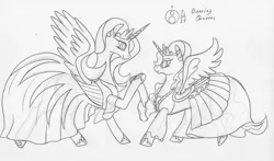 Size: 1000x586 | Tagged: alicorn, alicorns only, artist:sepiakeys, clothes, derpibooru import, dress, duo, duo female, female, princess celestia, princess luna, queens, royal sisters, safe, traditional art