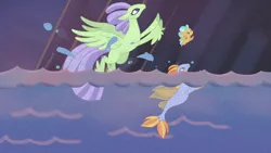 Size: 1280x720 | Tagged: background hippogriff, background sea pony, classical hippogriff, derpibooru import, fledgeling, hippogriff, jaffa cake (hippogriff), laguna, leaping, safe, screencap, seapony (g4), the hearth's warming club, three days of freedom, unnamed character, water