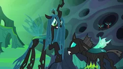 Size: 1280x720 | Tagged: changeling, changeling hive, changeling kingdom, changeling queen, confrontation, derpibooru import, female, male, queen chrysalis, raised hoof, safe, screencap, thorax, to where and back again