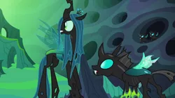 Size: 1280x720 | Tagged: changeling, changeling hive, changeling kingdom, changeling queen, derpibooru import, female, head turn, male, queen chrysalis, safe, screencap, thorax, to where and back again