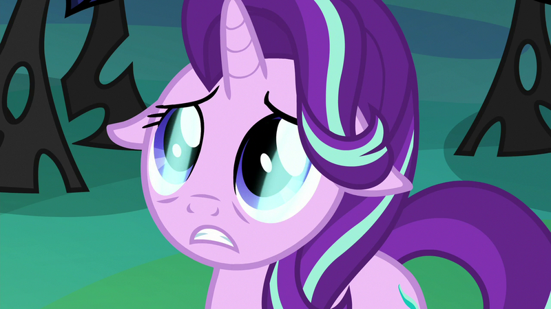 Size: 1280x720 | Tagged: safe, derpibooru import, screencap, starlight glimmer, changeling, pony, unicorn, to where and back again, disguise, disguised changeling, eye reflection, female, floppy ears, mare, reflection, scared, solo focus