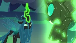 Size: 1280x720 | Tagged: changeling, changeling kingdom, changeling queen, derpibooru import, duo, female, glowing horn, magic, male, queen chrysalis, safe, screencap, telekinesis, thorax, to where and back again