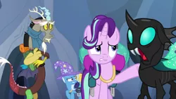 Size: 1280x720 | Tagged: safe, derpibooru import, screencap, discord, starlight glimmer, thorax, trixie, changeling, draconequus, pony, unicorn, to where and back again, backpack, clothes, female, male, mare, open mouth, reformed four, scarf