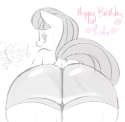 Size: 1430x1403 | Tagged: anthro, artist:hattsy-nsfw, ass, bedroom eyes, behind, boulder buns, clothes, compression shorts, dead source, derpibooru import, dock, female, females only, looking back, looking back at you, maud pie, on stomach, pinkie pie, rear view, simple background, sketch, smiling, suggestive, sweat, the ass was fat