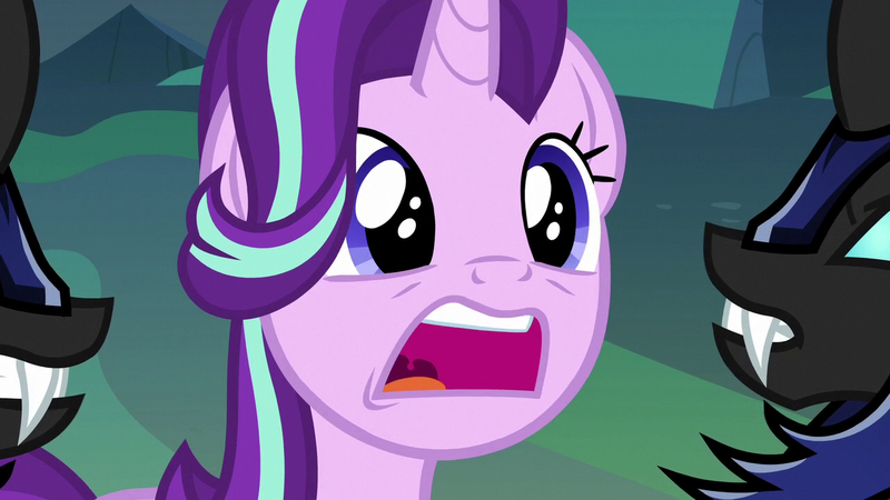 Size: 1280x720 | Tagged: safe, derpibooru import, screencap, starlight glimmer, changeling, pony, unicorn, to where and back again, changeling guard, female, mare, open mouth