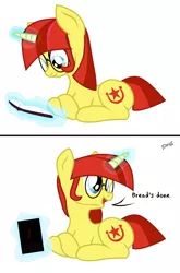 Size: 1400x2116 | Tagged: safe, artist:aaronmk, derpibooru import, oc, oc:lefty pony, pony, unicorn, 2 panel comic, anarchism, atg 2018, book, bread, bread book, comic, female, food, freckles, glasses, glowing horn, horn, lying down, magic, mare, newbie artist training grounds, peter kropotkin, reading, simple background, solo, telekinesis, text, the conquest of bread, white background