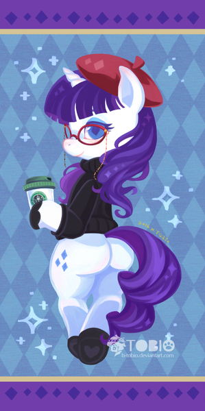 Size: 594x1191 | Tagged: suggestive, artist:b-tobio, derpibooru import, rarity, semi-anthro, unicorn, beatnik rarity, beret, clothes, female, glasses, hat, hoof hold, looking at you, looking back, looking back at you, mare, obtrusive watermark, rearity, signature, smiling, solo, starbucks, sweater, watermark