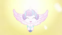 Size: 1280x720 | Tagged: safe, derpibooru import, screencap, princess flurry heart, alicorn, pony, the crystalling, about to be crystallized, baby, baby alicorn, baby flurry heart, baby pony, bright, cooing, cute, dawwww, diaper, diapered, diapered filly, eyes closed, eyestrain warning, female, floating, flurrybetes, glow, glowing brightly, happy, happy baby, newborn baby, newborn filly, open mouth, spread wings, wings