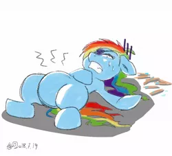 Size: 1100x1000 | Tagged: safe, artist:sozglitch, derpibooru import, rainbow dash, pegasus, pony, female, mare, popsicle stick, solo, stomach ache, stomach noise, stomach pain, stuffed