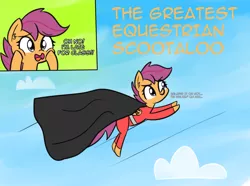 Size: 1280x950 | Tagged: safe, artist:artiks, derpibooru import, scootaloo, pegasus, pony, atg 2018, cape, clothes, cloud, female, greatest american hero, mare, newbie artist training grounds, scootaloo can fly, sky, solo, spandex, superhero