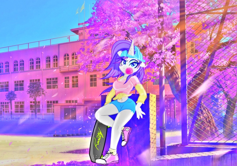 Size: 1892x1330 | Tagged: aesthetics, anthro, artist:palmartz44, converse, derpibooru import, friendship university, plainity, rarity, safe, shoes, solo, vaporwave