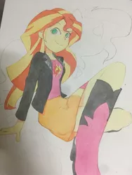 Size: 1536x2048 | Tagged: safe, artist:tyantyai_mokka, derpibooru import, sunset shimmer, equestria girls, boots, clothes, crossed legs, female, high heel boots, jacket, leather, leather jacket, shoes, skirt, solo, traditional art