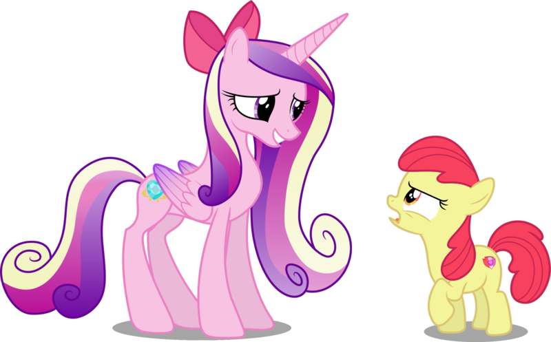 Size: 2469x1535 | Tagged: safe, artist:givralix, artist:porygon2z, artist:stillfire, derpibooru import, edit, edited edit, editor:slayerbvc, vector edit, apple bloom, princess cadance, alicorn, earth pony, pony, brotherhooves social, three's a crowd, accessory theft, accessory-less edit, apple bloom's bow, barehoof, bow, cutie mark, female, filly, hair bow, looking down, looking up, mare, missing accessory, simple background, smiling, the cmc's cutie marks, transparent background, vector