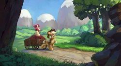 Size: 1920x1051 | Tagged: safe, artist:jotun22, derpibooru import, apple bloom, applejack, earth pony, pony, apple, cart, duo, duo female, female, filly, food, forest, mare, mountain, mountain range, path, rock, scenery, sideways glance, tree