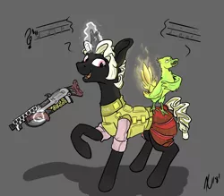 Size: 3542x3096 | Tagged: safe, artist:dombrus, derpibooru import, oc, oc:pyrelight, oc:velvet remedy, unofficial characters only, balefire phoenix, bird, phoenix, pony, unicorn, fallout equestria, fanfic, bulletproof vest, fanfic art, female, glowing horn, gun, hooves, horn, levitation, magic, mare, open mouth, shotgun, simple background, singing, solo, telekinesis, weapon