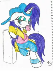 Size: 1680x2256 | Tagged: safe, artist:brekrofmadness, derpibooru import, rarity, pony, friendship university, backwards ballcap, baseball cap, bubblegum, cap, food, gum, hat, plainity, solo, traditional art