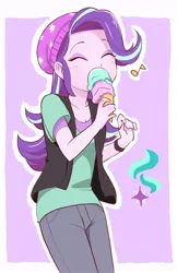 Size: 558x859 | Tagged: safe, artist:natagara, derpibooru import, starlight glimmer, equestria girls, mirror magic, spoiler:eqg specials, beanie, clothes, cute, eyes closed, female, food, glimmerbetes, hat, ice cream, jeans, music notes, pants, shirt, solo, that human sure does love ice cream