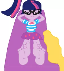 Size: 660x726 | Tagged: suggestive, artist:logan jones, derpibooru import, sci-twi, twilight sparkle, equestria girls, barefoot, bed, cute, feet, female, fetish, foot fetish, foot focus, glasses, relaxing, soles, solo, toes, wiggling toes