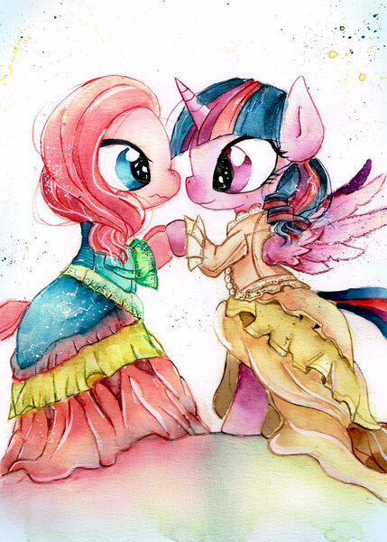 Size: 1600x2237 | Tagged: safe, artist:mashiromiku, derpibooru import, pinkie pie, twilight sparkle, twilight sparkle (alicorn), alicorn, clothes, commission, dancing, dress, female, lesbian, shipping, traditional art, twinkie, victorian, watercolor painting