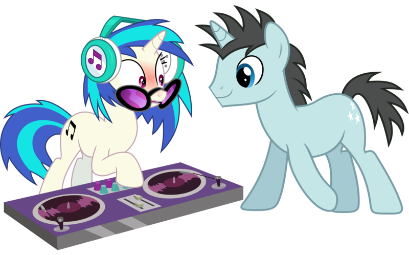 Size: 9722x6050 | Tagged: safe, artist:caliazian, artist:vectorizedunicorn, derpibooru import, edit, neon lights, rising star, vinyl scratch, pony, unicorn, leap of faith, slice of life (episode), absurd resolution, background pony, blushing, female, headphones, male, mare, open mouth, shipping, simple background, stallion, straight, sunglasses, transparent background, turntable, vector, vinylights