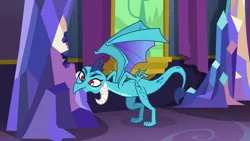 Size: 1280x720 | Tagged: biting, claws, cute, derpibooru import, dragon, dragoness, dragons doing dragon things, eating, emberbetes, female, horns, nom, princess ember, safe, screencap, sin of gluttony, smiling, solo, spread wings, too cute, triple threat, twilight's castle, wings
