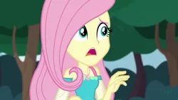 Size: 1280x720 | Tagged: safe, derpibooru import, screencap, fluttershy, equestria girls, equestria girls series, stressed in show, fluttershy boho dress, geode of fauna, image, jewelry, magical geodes, necklace, oh crap face, open mouth, png, shocked, sleeveless, solo