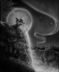 Size: 1500x1850 | Tagged: safe, artist:the1xeno1, derpibooru import, princess luna, alicorn, pony, aurora borealis, backlighting, cliff, female, mare, melting, monochrome, moon