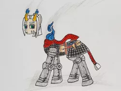 Size: 1451x1089 | Tagged: artist:dice warwick, artist:dice-warwick, bicorn, blue fire, derpibooru import, dullahan, fallout equestria, fallout equestria: dance of the orthrus, fanfic art, floating head, gambeson, gun, handgun, hybrid, lip scar, mirage pony, modular, multiple horns, oc, oc:cold iron, oc:vibraphone echo, plate armor, red scarf, revolver, safe, scar, solo, tail wrap, traditional art, undead, unofficial characters only