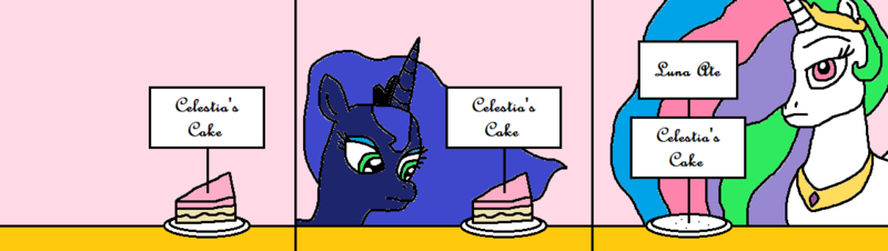 Size: 1122x317 | Tagged: artist:logan jones, cake, comic, derpibooru import, food, garfield, plate, princess celestia, princess luna, safe, sign, table