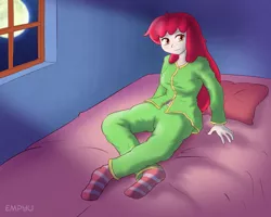 Size: 1000x800 | Tagged: apple bloom, artist:empyu, bed, bedroom, clothes, crossed legs, derpibooru import, female, full moon, human, humanized, moon, night, pajamas, pants, pillow, requested art, safe, socks, solo, striped socks, window