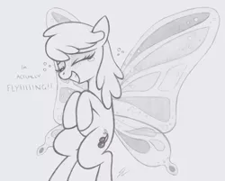 Size: 1298x1043 | Tagged: safe, artist:lockerobster, derpibooru import, cherry berry, earth pony, pony, crying, cute, dialogue, female, flying, gossamer wings, happy, monochrome, solo