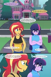 Size: 1000x1500 | Tagged: safe, artist:jase1505, artist:verumtee, deleted from derpibooru, derpibooru import, sci-twi, sunset shimmer, twilight sparkle, comic:confessions, series:sunlight horizons, equestria girls, comic, female, lesbian, sci-twi's house, scitwishimmer, shipping, smiling, sunsetsparkle, worried
