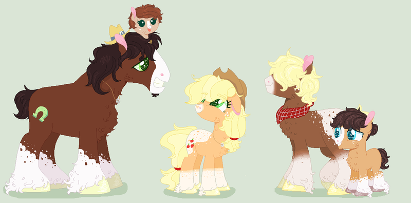 Size: 1024x506 | Tagged: safe, artist:givolpon, derpibooru import, applejack, trouble shoes, oc, oc:flower, oc:grape juice, oc:honey pot, earth pony, pony, alternate design, baby, baby pony, blaze (coat marking), chest fluff, coat markings, colt, family, female, filly, green background, hair over eyes, male, offspring, parent:applejack, parent:troubleshoes clyde, parents:troublejack, pony hat, shipping, simple background, socks (coat marking), straight, troublejack, unshorn fetlocks